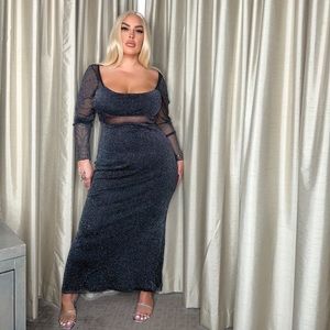 Shein Sheer Long Sleeve Black Sparkly Maxi Dress with Open Back